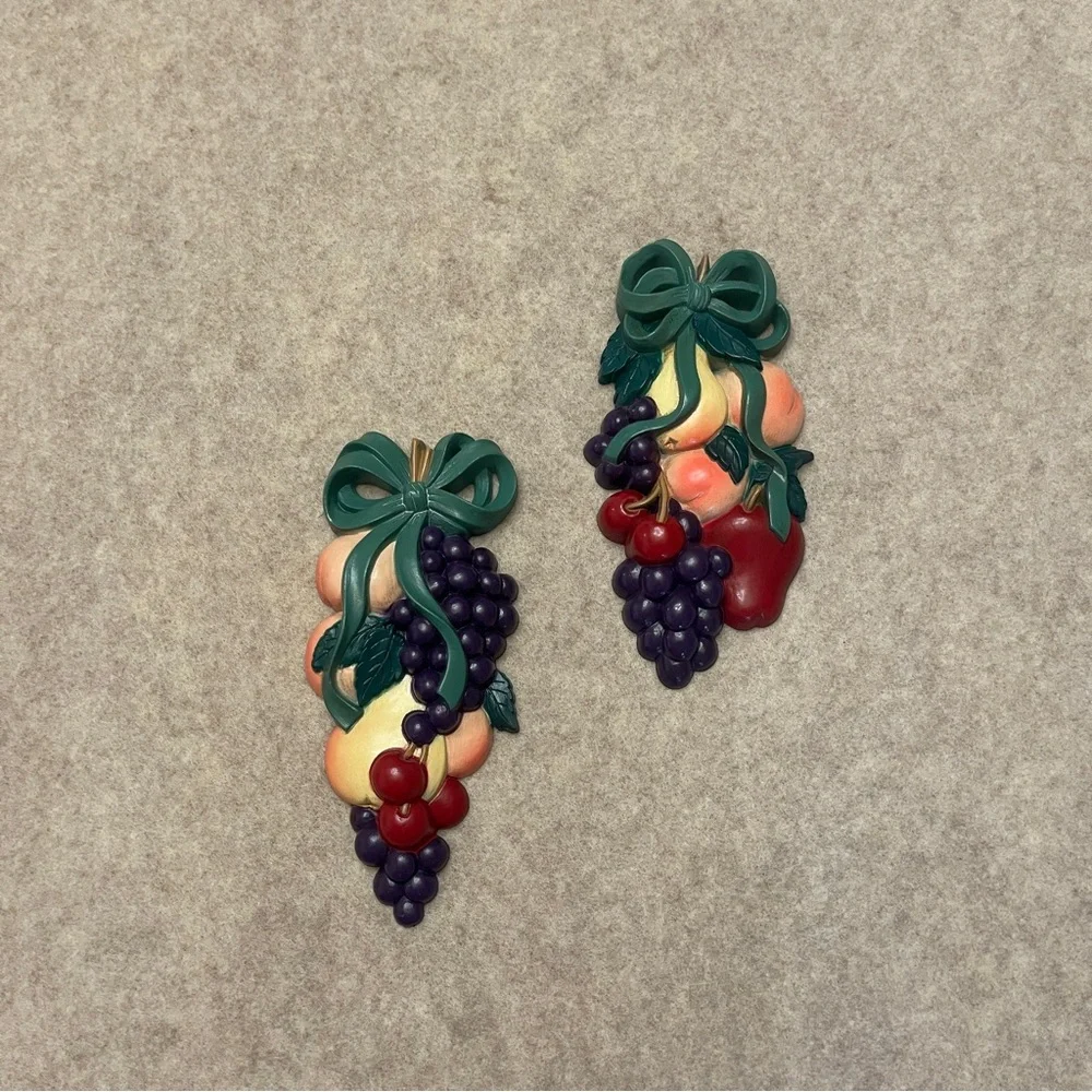 Vintage 90’s Burnwood Home Interior MCM Retro Set of 2 Fruit Wall Decor Plaques